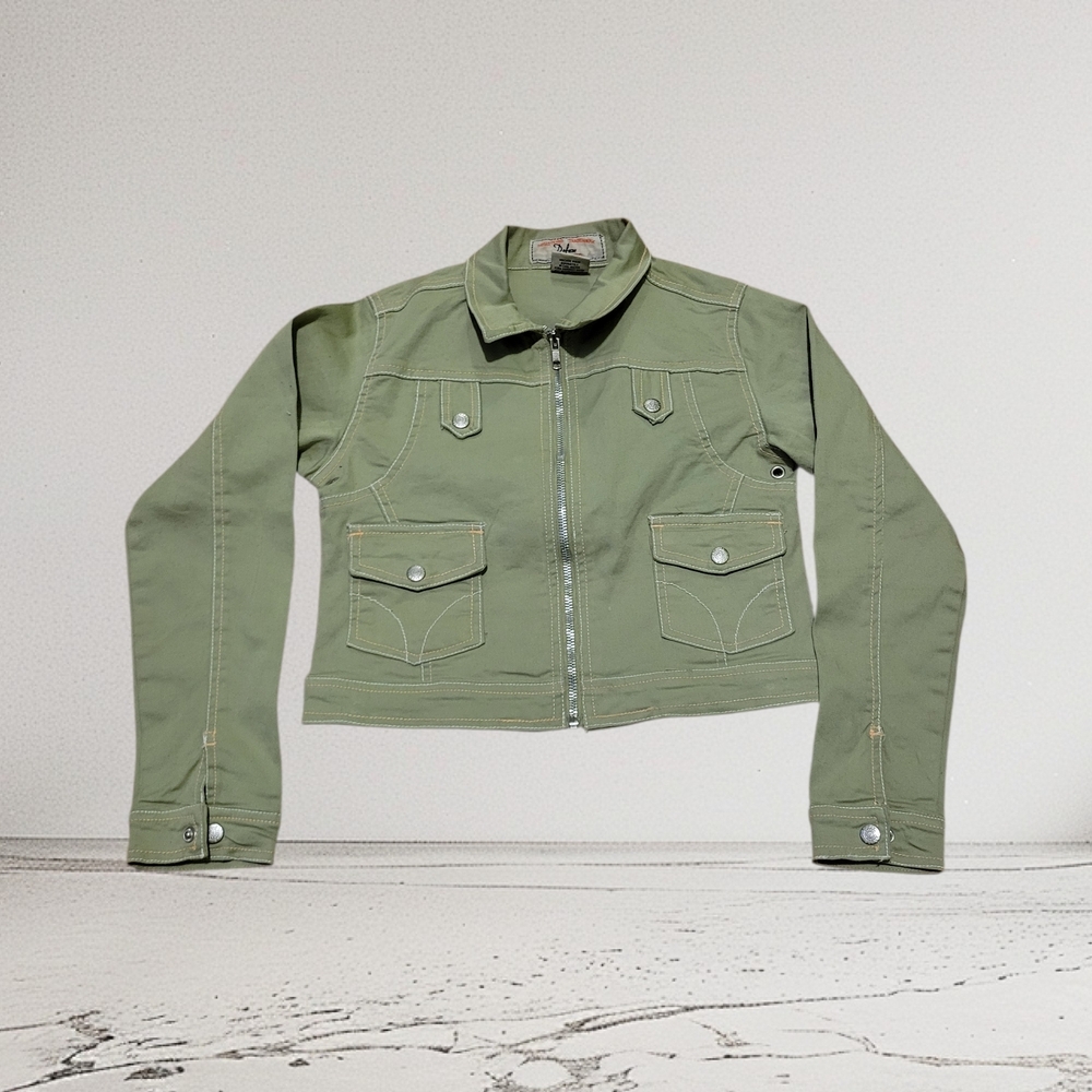 Deluxe USA Girls Sage Green Utility Cargo Jacket Floral Glitter Size 10/12 Y2K
